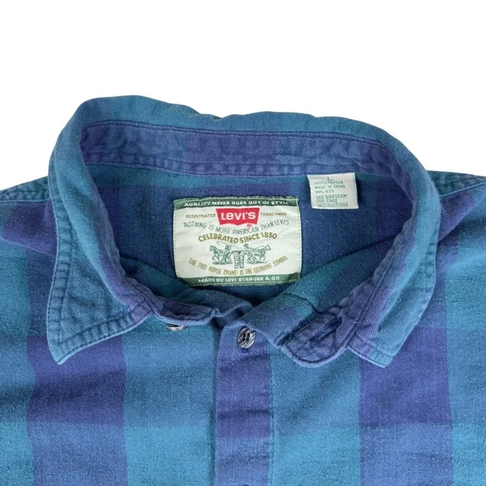 Vtg 90s Levi's Modern Authentics Flannel Shirt Men's L Blue Green Plaid